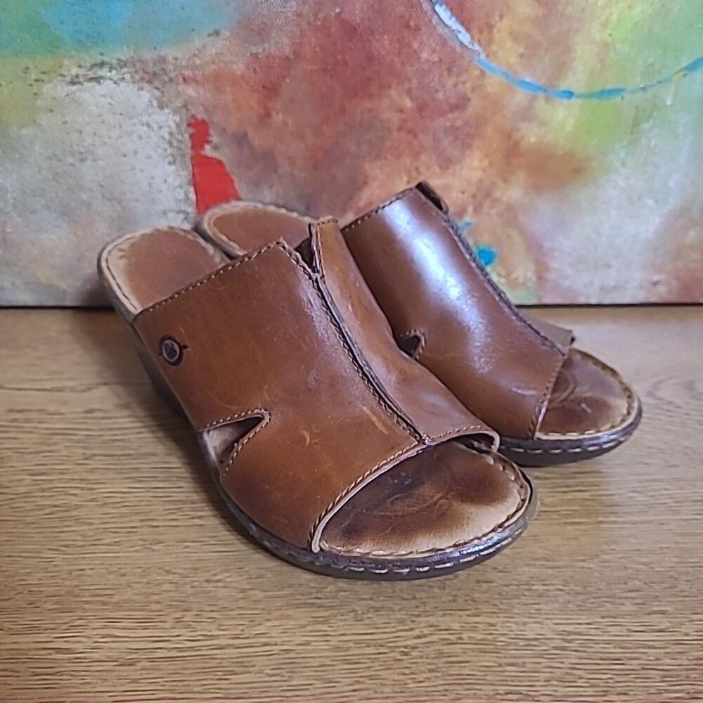 Born Slip On Wedge Womens Size 7 Leather Upper Peep Toe Brown Comfort